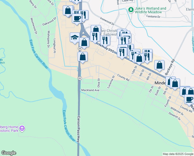 map of restaurants, bars, coffee shops, grocery stores, and more near 1626 Olua Street in Minden