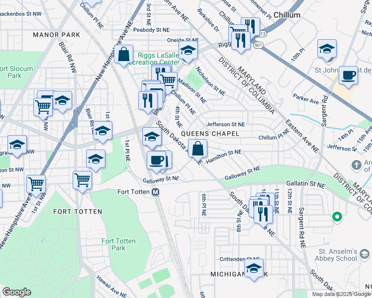 map of restaurants, bars, coffee shops, grocery stores, and more near 5330 South Dakota Avenue Northeast in Washington