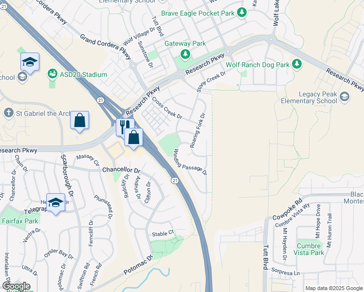 map of restaurants, bars, coffee shops, grocery stores, and more near 8557 Winding Passage Drive in Colorado Springs