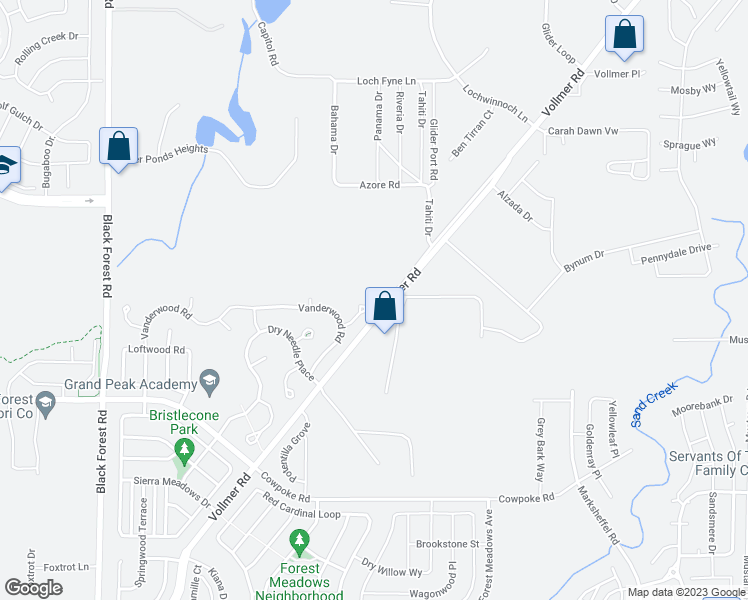 map of restaurants, bars, coffee shops, grocery stores, and more near 7295 Cedar Brush Court in Colorado Springs