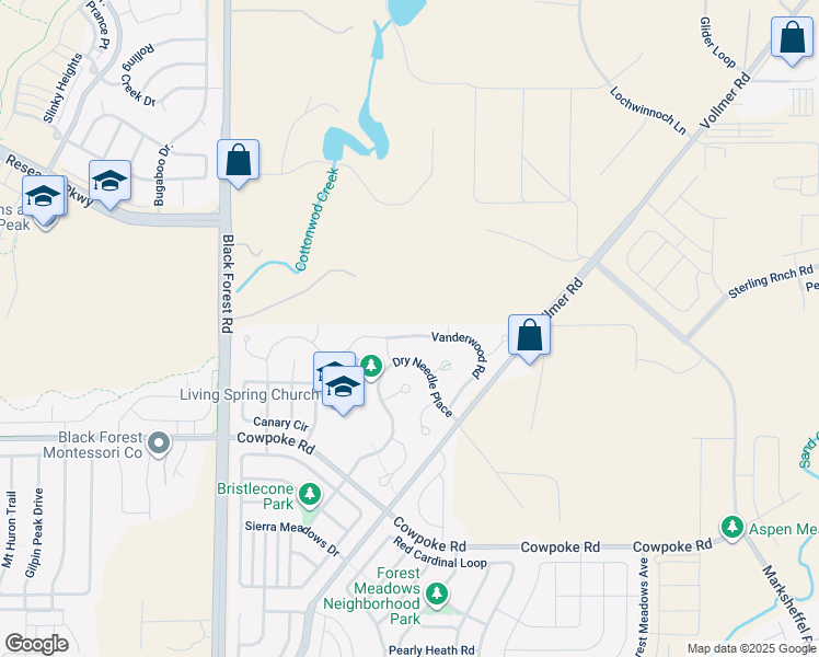 map of restaurants, bars, coffee shops, grocery stores, and more near 8834 Vanderwood Road in Colorado Springs