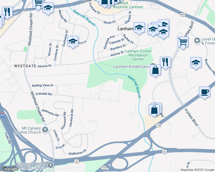 map of restaurants, bars, coffee shops, grocery stores, and more near 9206 Crandall Road in Lanham