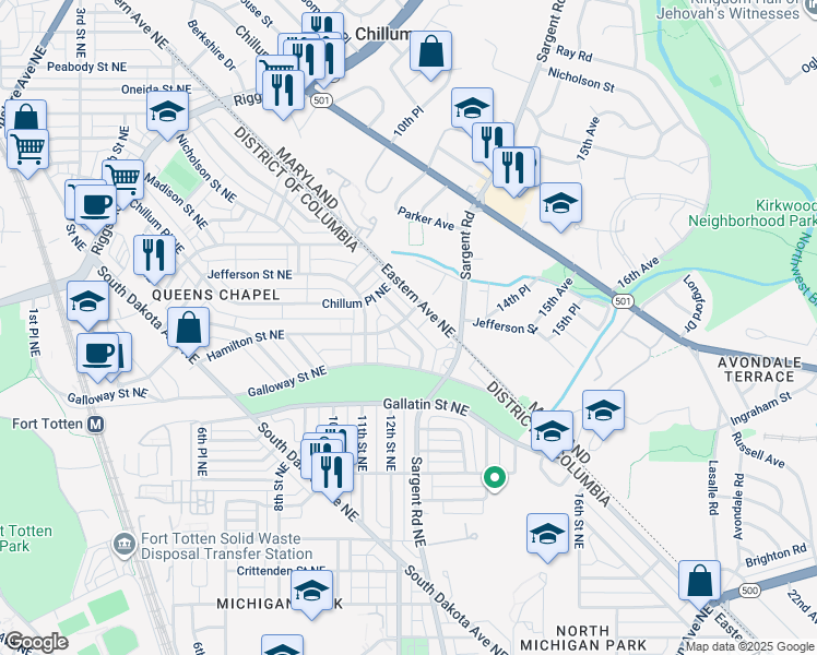 map of restaurants, bars, coffee shops, grocery stores, and more near 5139 12th Street Northeast in Washington