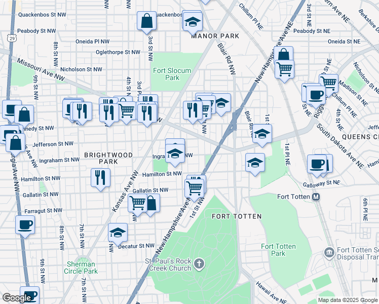 map of restaurants, bars, coffee shops, grocery stores, and more near 133 Ingraham Street Northwest in Washington