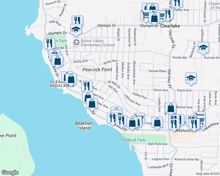 map of restaurants, bars, coffee shops, grocery stores, and more near 14565 Uhl Avenue in Clearlake