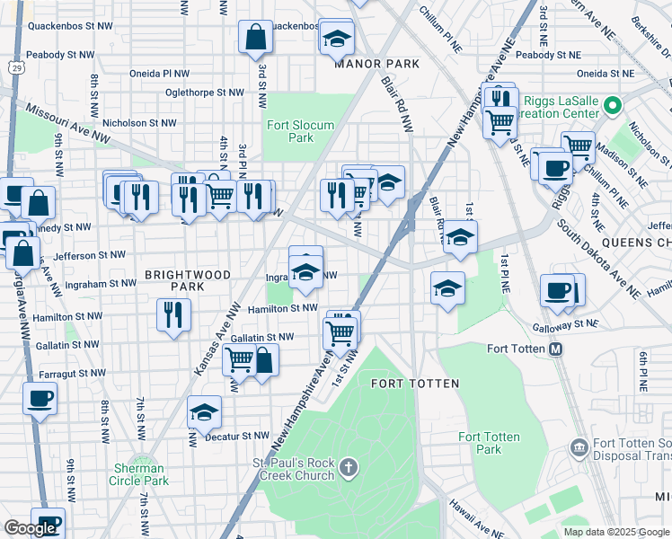 map of restaurants, bars, coffee shops, grocery stores, and more near 125 Ingraham Street Northwest in Washington