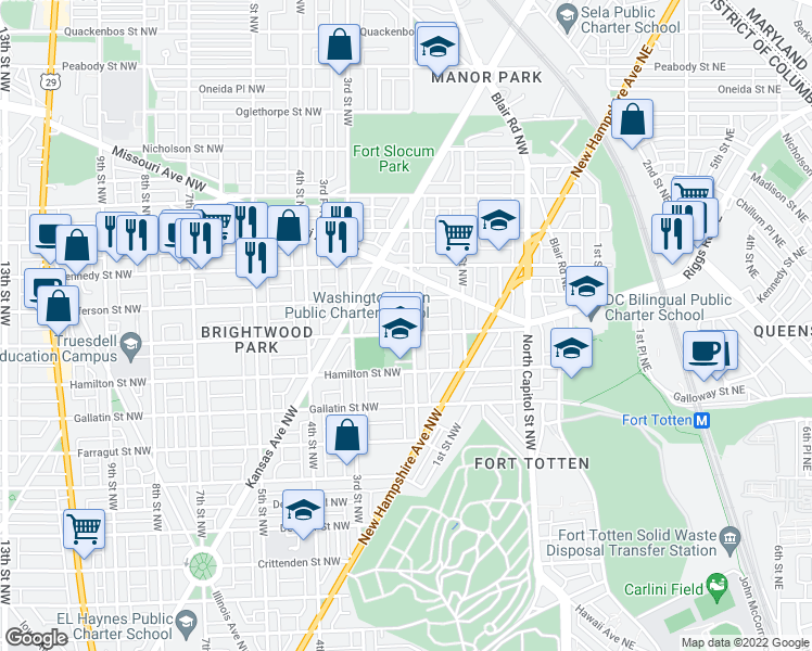 map of restaurants, bars, coffee shops, grocery stores, and more near 5304 2nd Street Northwest in Washington