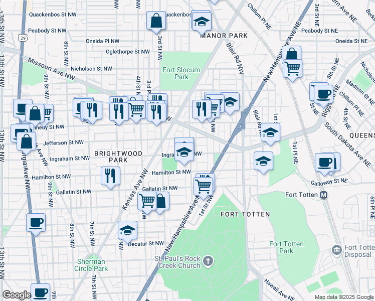 map of restaurants, bars, coffee shops, grocery stores, and more near 5304 2nd Street Northwest in Washington