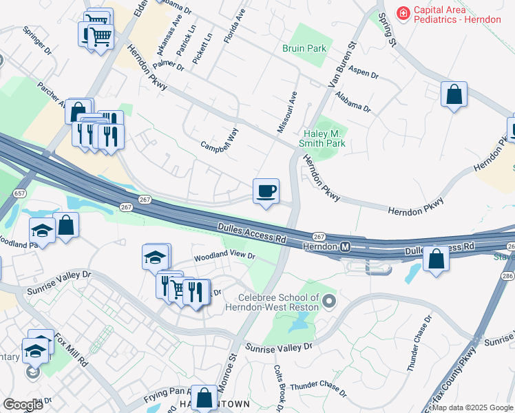 map of restaurants, bars, coffee shops, grocery stores, and more near 12851 Worldgate Drive in Herndon