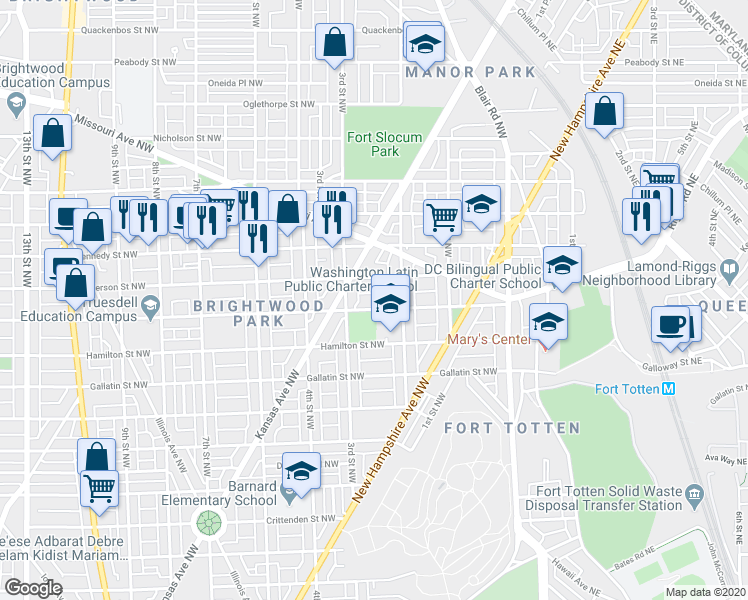 map of restaurants, bars, coffee shops, grocery stores, and more near 229 Ingraham Street Northwest in Washington