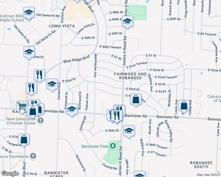 map of restaurants, bars, coffee shops, grocery stores, and more near 8005 East 93rd Street in Kansas City