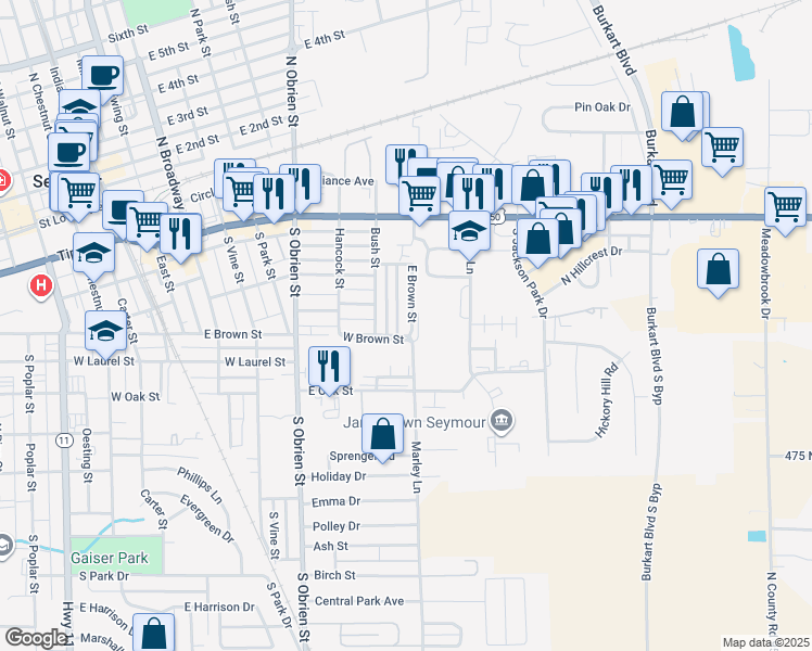 map of restaurants, bars, coffee shops, grocery stores, and more near 903 East Brown Street in Seymour
