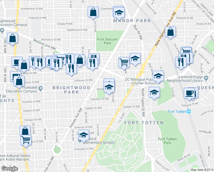 map of restaurants, bars, coffee shops, grocery stores, and more near 217 Ingraham Street Northwest in Washington