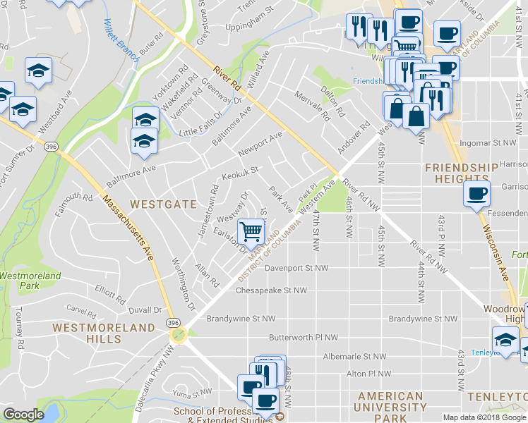 map of restaurants, bars, coffee shops, grocery stores, and more near 4929 Crescent Street in Bethesda