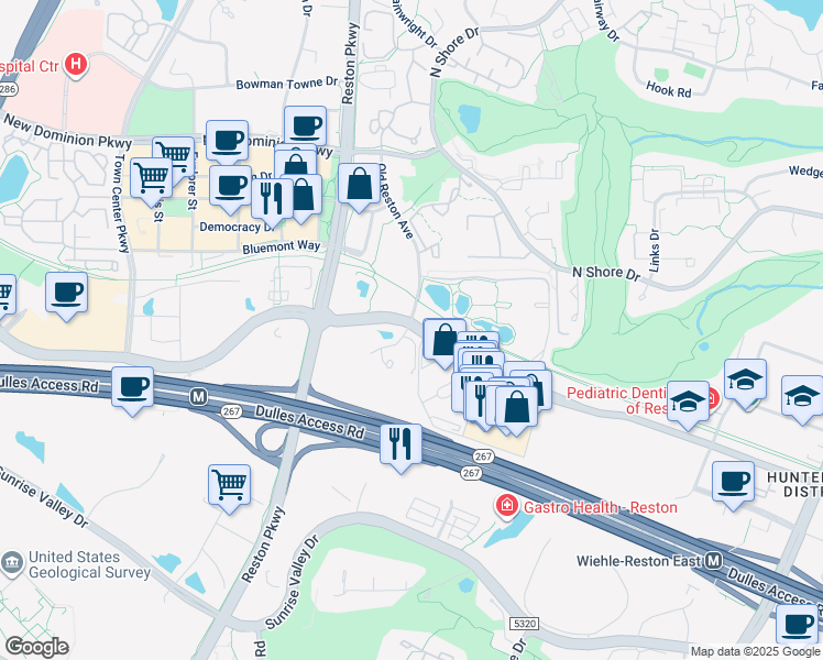 map of restaurants, bars, coffee shops, grocery stores, and more near 1897 Oracle Way in Reston