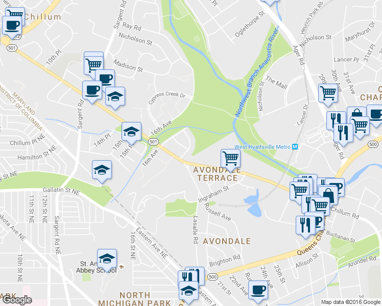 map of restaurants, bars, coffee shops, grocery stores, and more near 1834 Longford Drive in Hyattsville