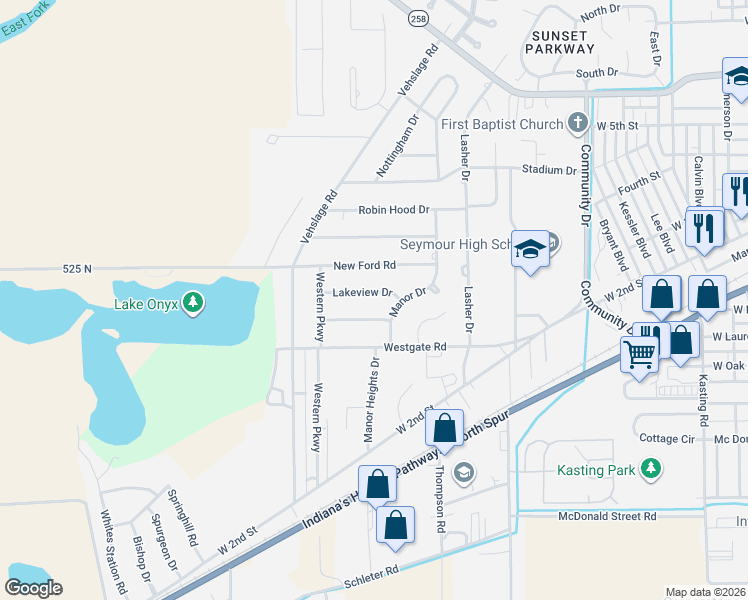map of restaurants, bars, coffee shops, grocery stores, and more near 1519 West Lakeview Drive in Seymour