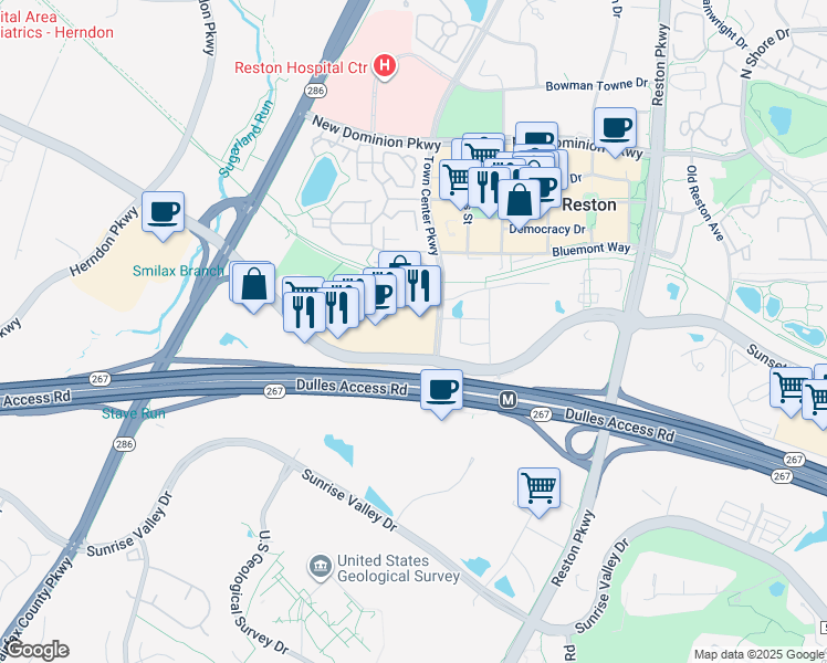 map of restaurants, bars, coffee shops, grocery stores, and more near 12100 Sunset Hills Road in Reston