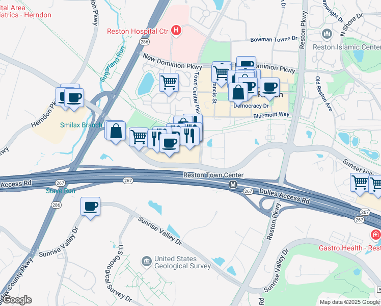 map of restaurants, bars, coffee shops, grocery stores, and more near 12100 Sunset Hills Road in Reston