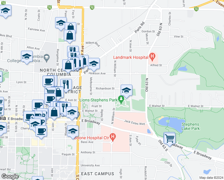 map of restaurants, bars, coffee shops, grocery stores, and more near 1514 Richardson Street in Columbia