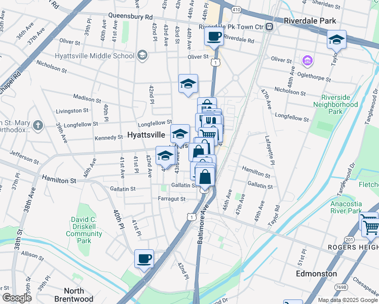 map of restaurants, bars, coffee shops, grocery stores, and more near 4307 Jefferson Street in Hyattsville