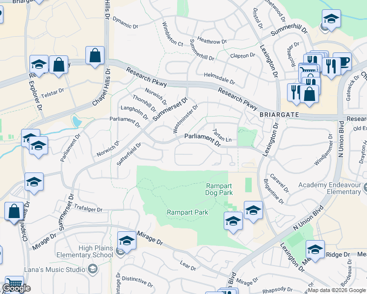 map of restaurants, bars, coffee shops, grocery stores, and more near 2623 Marston Heights in Colorado Springs