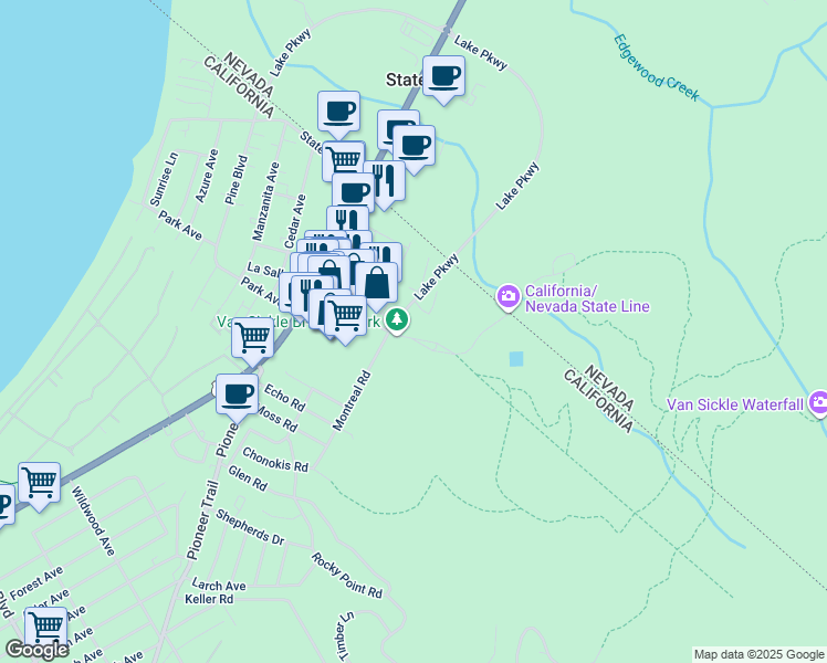 map of restaurants, bars, coffee shops, grocery stores, and more near 20 Lake Parkway in South Lake Tahoe