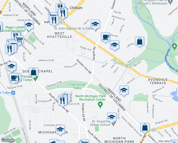 map of restaurants, bars, coffee shops, grocery stores, and more near 101 Independence Avenue Southeast in Washington