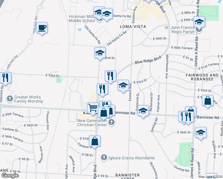 map of restaurants, bars, coffee shops, grocery stores, and more near 9400 Bristol Avenue in Kansas City