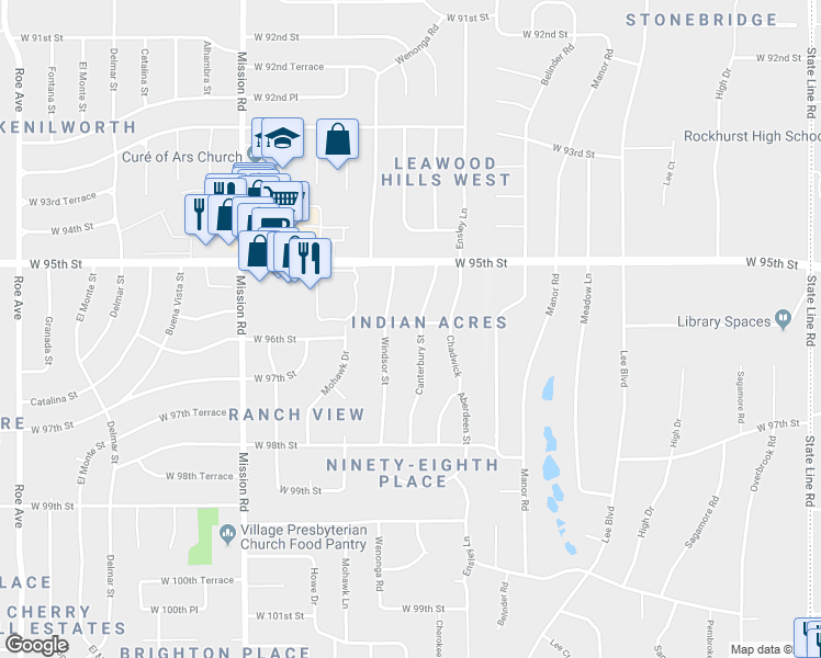 map of restaurants, bars, coffee shops, grocery stores, and more near 9551 West 96th Street in Overland Park