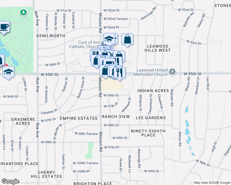 map of restaurants, bars, coffee shops, grocery stores, and more near 3821 West 95th Terrace in Leawood
