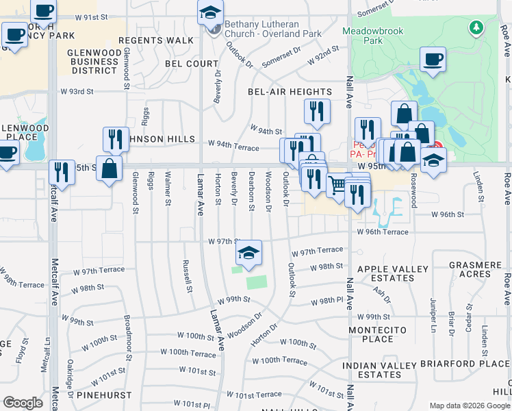 map of restaurants, bars, coffee shops, grocery stores, and more near 9548 Woodson Drive in Overland Park