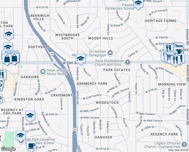 map of restaurants, bars, coffee shops, grocery stores, and more near 9575 Perry Lane in Overland Park