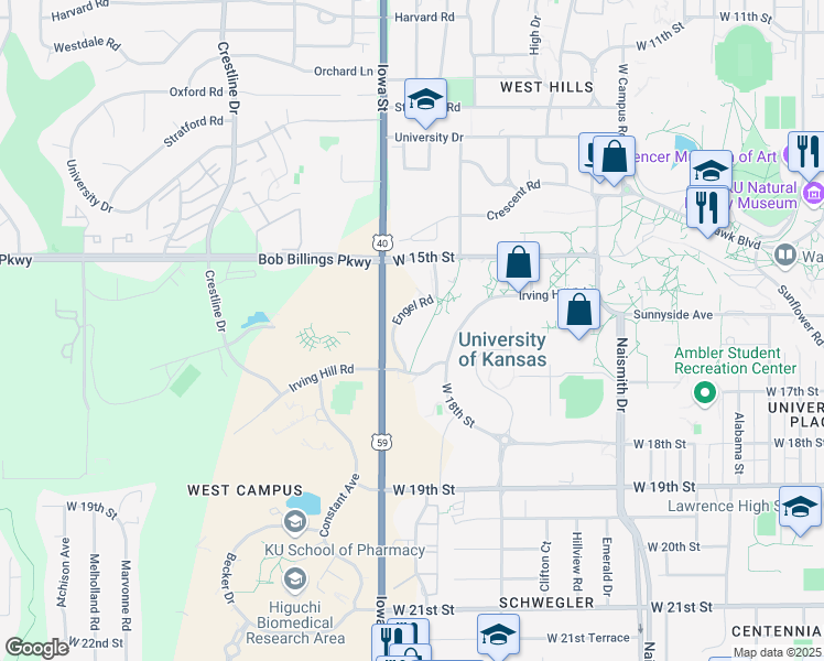 map of restaurants, bars, coffee shops, grocery stores, and more near 1675-1791 Engel Rd in Lawrence