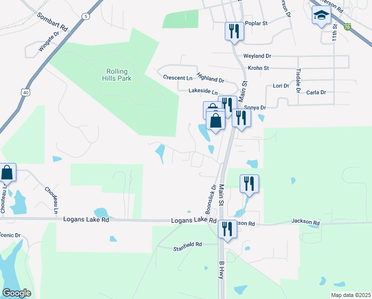 map of restaurants, bars, coffee shops, grocery stores, and more near 395 Boone Village Drive in Boonville