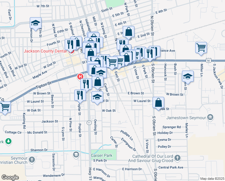 map of restaurants, bars, coffee shops, grocery stores, and more near 101 South Street in Seymour