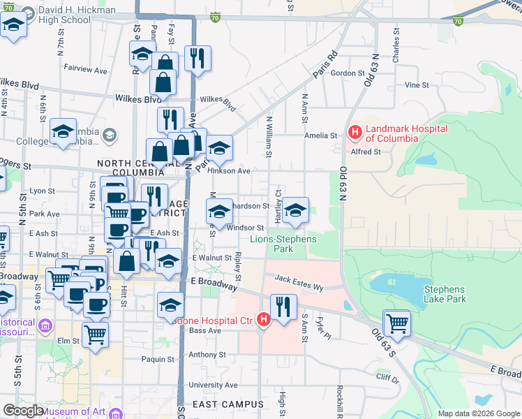 map of restaurants, bars, coffee shops, grocery stores, and more near 1510 Richardson Street in Columbia