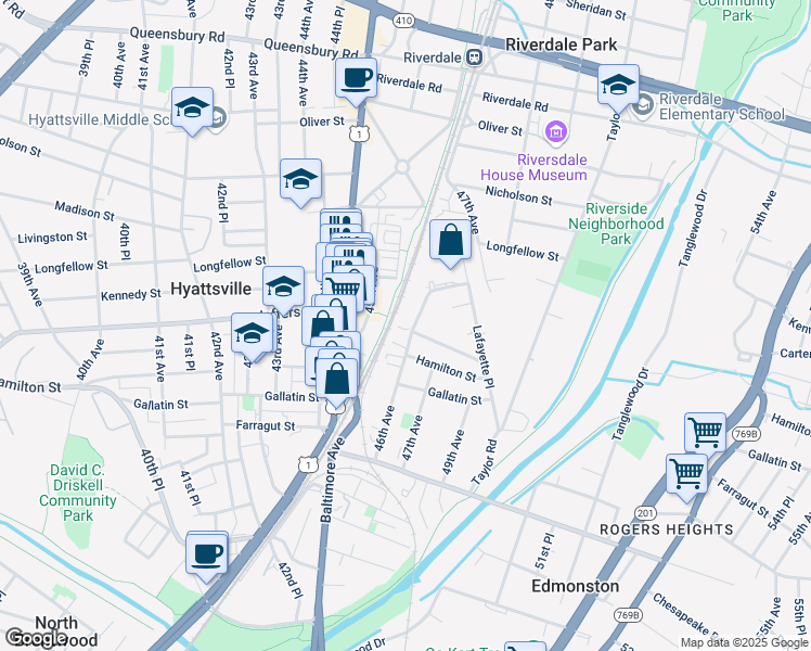map of restaurants, bars, coffee shops, grocery stores, and more near 5400 46th Avenue in Hyattsville