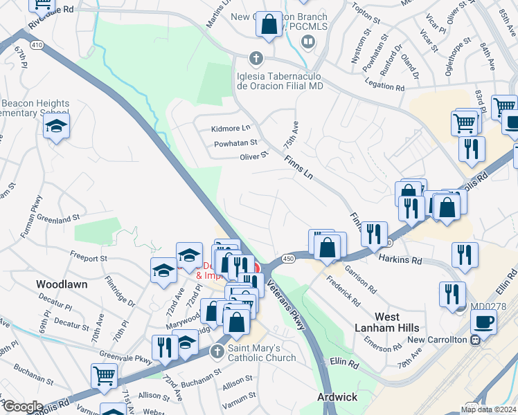 map of restaurants, bars, coffee shops, grocery stores, and more near 7412 Hendricks Drive in Hyattsville