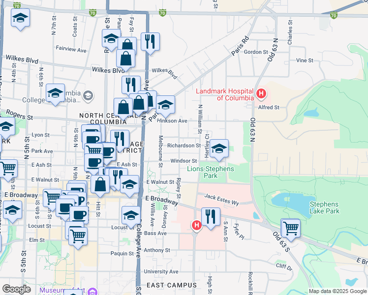 map of restaurants, bars, coffee shops, grocery stores, and more near 1510 Richardson Street in Columbia