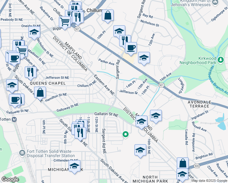 map of restaurants, bars, coffee shops, grocery stores, and more near 5400 Sargent Road in Hyattsville