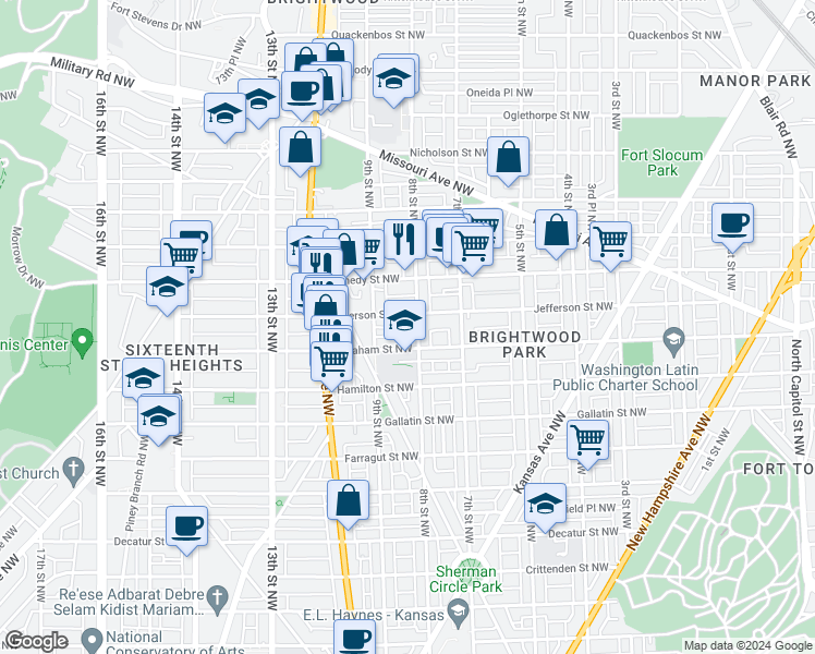 map of restaurants, bars, coffee shops, grocery stores, and more near 5320 8th Street Northwest in Washington