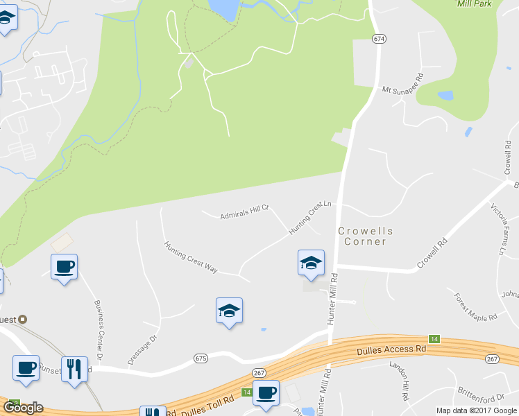 map of restaurants, bars, coffee shops, grocery stores, and more near 1627 Admirals Hill Court in Vienna