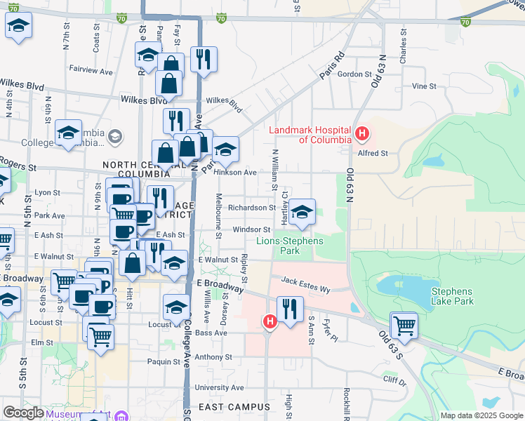 map of restaurants, bars, coffee shops, grocery stores, and more near 1510 Richardson Street in Columbia