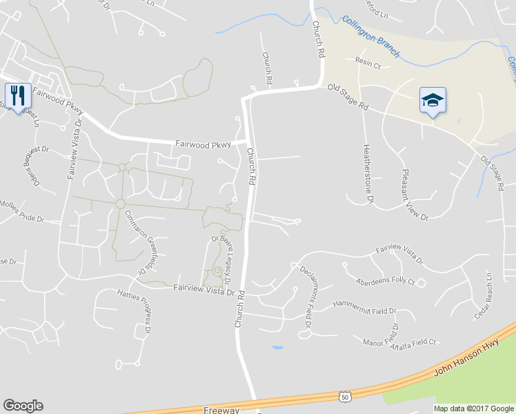 map of restaurants, bars, coffee shops, grocery stores, and more near 4705 Church Road in Bowie