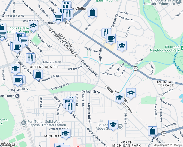 map of restaurants, bars, coffee shops, grocery stores, and more near 5186 Eastern Avenue Northeast in Washington