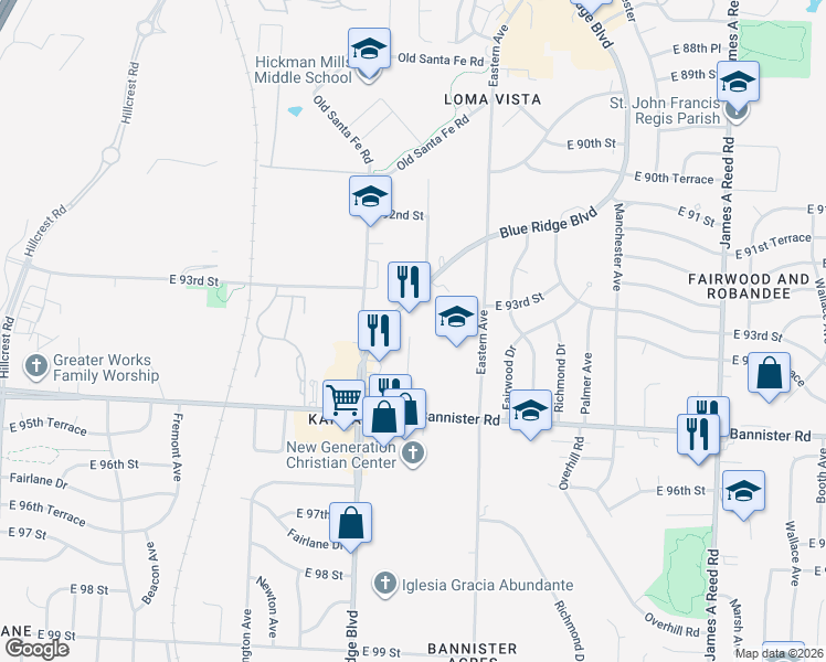 map of restaurants, bars, coffee shops, grocery stores, and more near 9400 Bristol Avenue in Kansas City