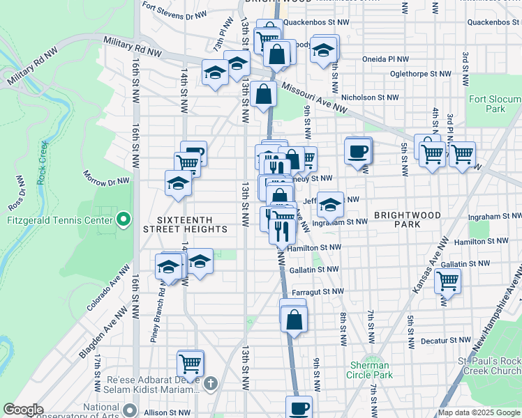 map of restaurants, bars, coffee shops, grocery stores, and more near 1220 Jefferson Street Northwest in Washington