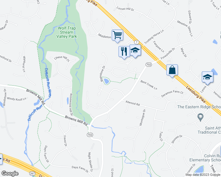 map of restaurants, bars, coffee shops, grocery stores, and more near 9712 Spring Ridge Lane in Vienna