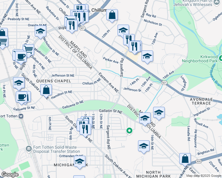 map of restaurants, bars, coffee shops, grocery stores, and more near 5186 Eastern Avenue Northeast in Washington